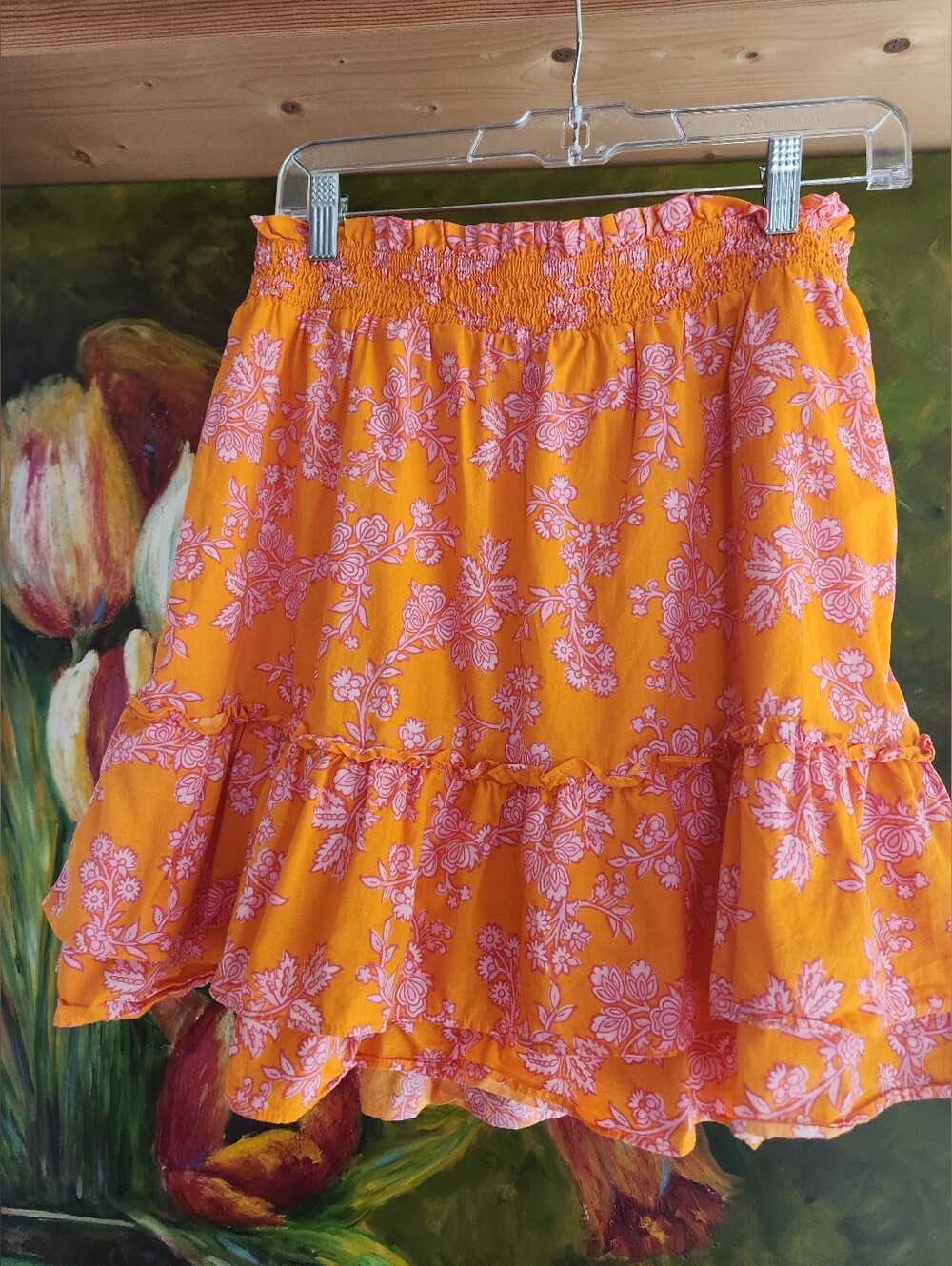 J CREW Orange Pink Floral Tiered Cotton Girly 18" Skirt Ruffle Re-imagined GUC M